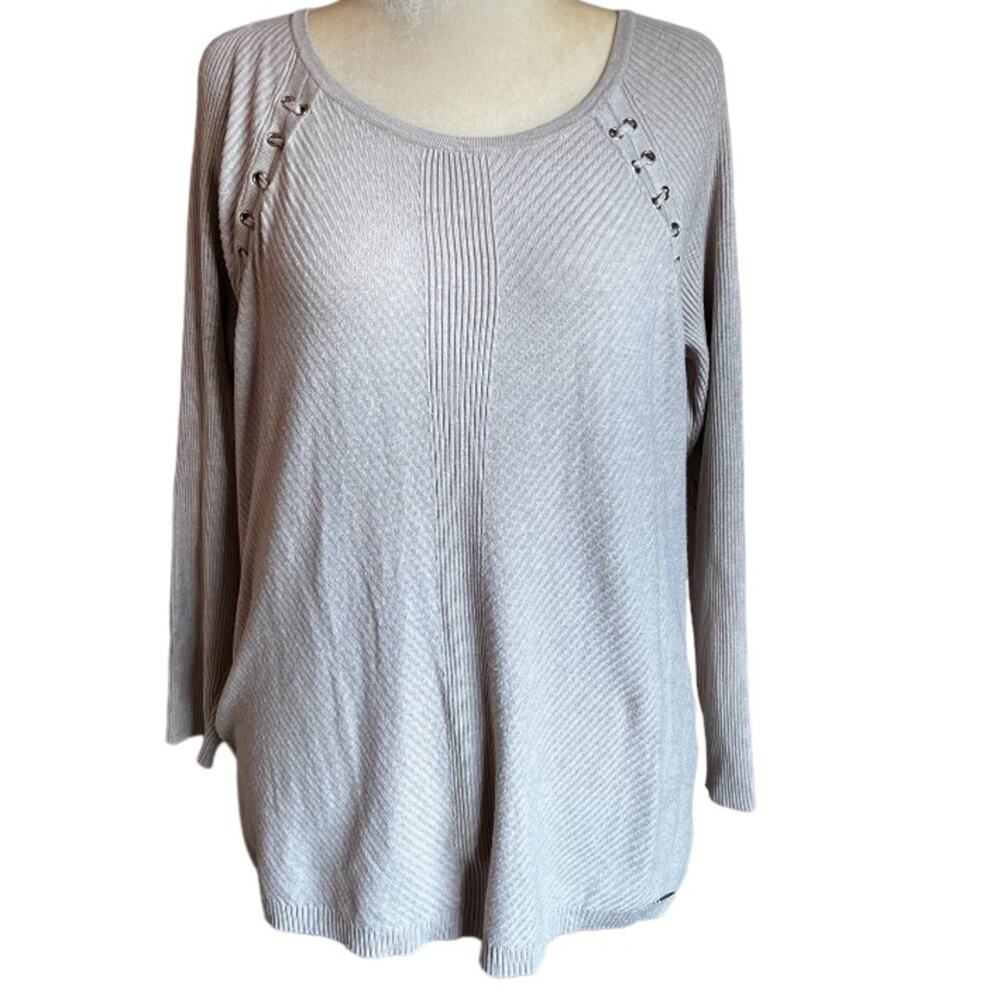 Calvin Klein Beige Ribbed with Lacing Detail Scoop Neck Knit Sweater - Large